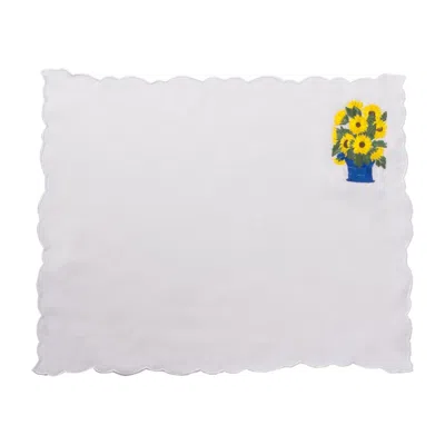 KM HOME COLLECTION NEUTRALS / WHITE SUNFLOWER EMBROIDERY LINEN PLACEMAT SET
