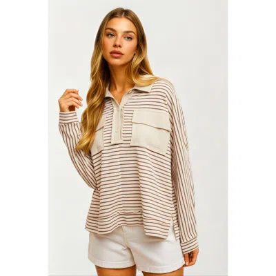 KNIT & LOUNGE KNIT AND LOUNGE STRIPED LONG SLEEVE WAFFLE KNIT PULLOVER TOP