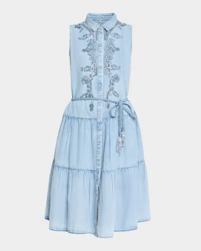 KOBI HALPERIN GLORI TIERED EMBROIDERED DENIM MIDI DRESS