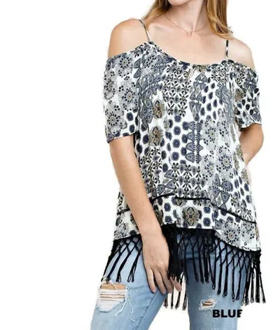 KORI OFF THE SHOULDER FRINGE TOP IN BLUE MIX