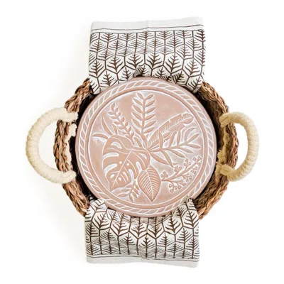 KORISSA BROWN / NEUTRALS BREAD WARMER & BASKET GIFT SET WITH DARK BROWN TEA TOWEL - PLANT ROUND