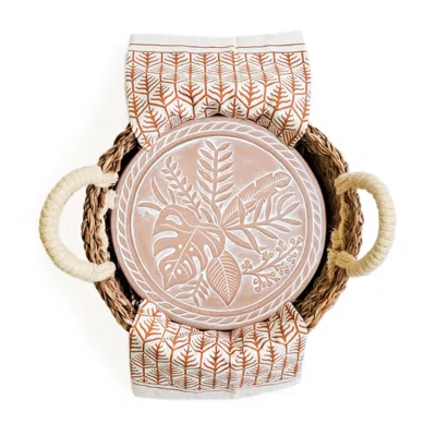 KORISSA BROWN / NEUTRALS BREAD WARMER & BASKET GIFT SET WITH LIGHT BROWN TEA TOWEL - PLANT ROUND