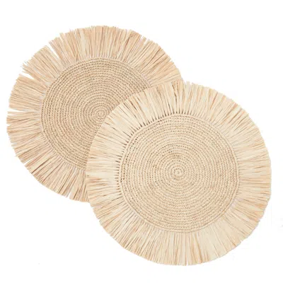 KUBO NEUTRALS PAHIYAS WOVEN RAFFIA FRINGE PLACEMATS, NATURAL