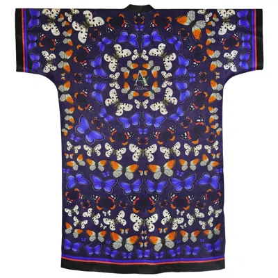 KUEEN WOMEN'S PURPLE / BLACK / BLUE SILK KIMONO - BUTTERFLIES ON A