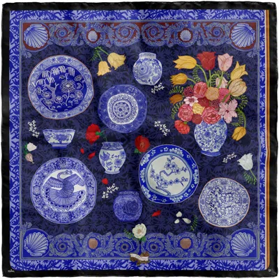 KUEEN WOMEN'S GREEN / BLACK / WHITE SILK SCARF - PORCELAIN DREAMS - BLUE