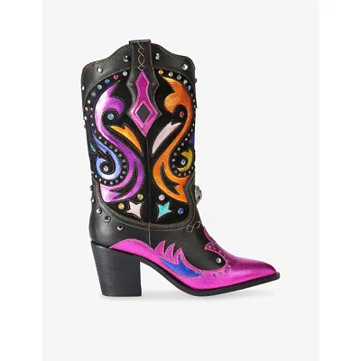 KURT GEIGER WOMENS BLACK/COMB KENSINGTON HEELED LEATHER COWBOY BOOTS EUR 35 / 2 UK