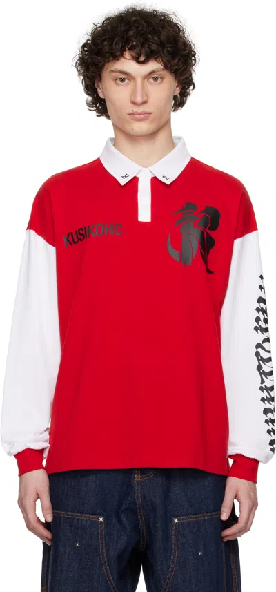 KUSIKOHC RED & WHITE RUGBY LONG SLEEVE POLO