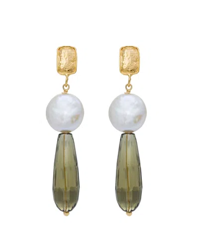 KYBELE STUDIO WOMEN'S GOLD / WHITE / GREEN ETHEREAL GLOW EARRINGS WITH SMOKY QUARTZ & PEARLS