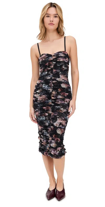 L AGENCE CAPRICE STRAPLESS MIDI DRESS BLACK MULTI VINTAGE OIL FLOWER