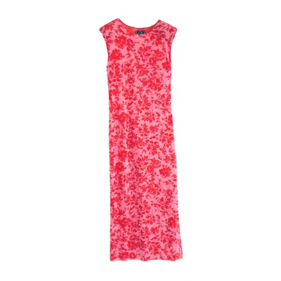 L2R THE LABEL WOMEN'S SHOULDER PAD PRINTED MESH DRESS IN LANA RED