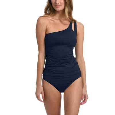 LA BLANCA ISLAND GODDESS ONE SHOULDER KEYHOLE TANKINI TOP IN INDIGO
