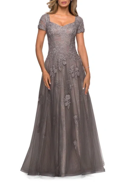 LA FEMME LA FEMME A-LINE DRESS WITH LACE DETAIL AND SHEER CAP SLEEVES