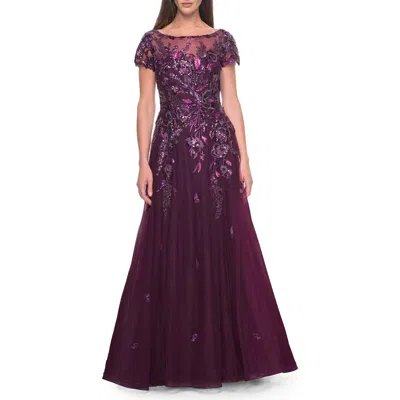 LA FEMME LA FEMME A-LINE GOWN WITH UNIQUE SEQUIN FLORAL APPLIQUE