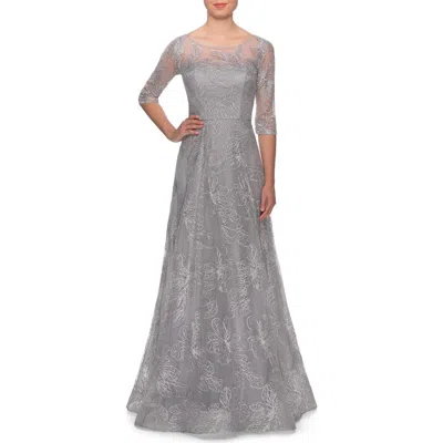 LA FEMME LA FEMME A-LINE LACE SEQUIN GOWN WITH SHEER SCOOP NECKLINE