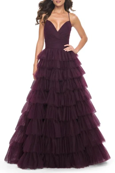 LA FEMME LA FEMME A-LINE RUFFLE TULLE GOWN WITH HIGH SLIT AND LACE UP BACK