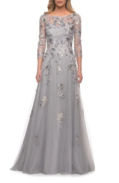 LA FEMME LA FEMME A LINE TULLE AND LACE GOWN WITH BOAT NECKLINE