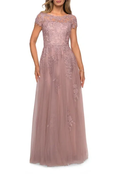 LA FEMME LA FEMME BEADED LACE RHINESTONE A-LINE EVENING GOWN