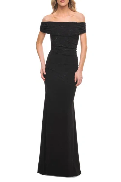 LA FEMME LA FEMME BEADED LONG JERSEY OFF THE SHOULDER GOWN