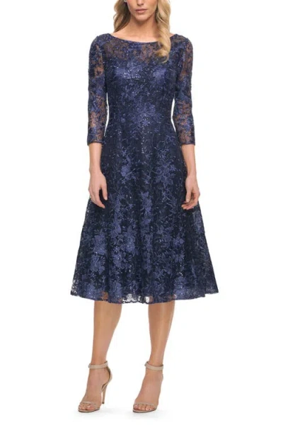 LA FEMME LA FEMME BEAUTIFUL LACE TEA LENGTH GOWN WITH THREE-QUARTER SLEEVES