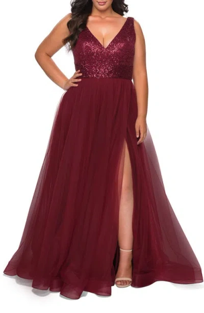 LA FEMME LA FEMME CURVY A-LINE GOWN WITH SEQUIN BODICE AND TULLE SKIRT