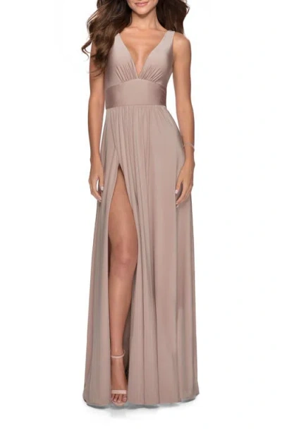 LA FEMME LA FEMME EMPIRE WAIST GOWN WITH DEEP V NECKLINE