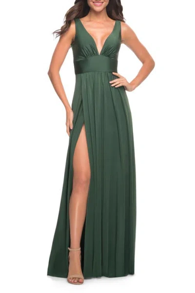 LA FEMME LA FEMME EMPIRE WAIST GOWN WITH DEEP V NECKLINE