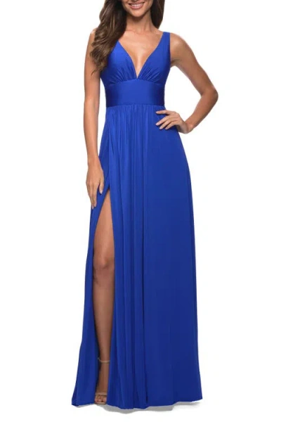 LA FEMME LA FEMME EMPIRE WAIST GOWN WITH DEEP V NECKLINE
