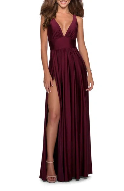 LA FEMME LA FEMME EMPIRE WAIST GOWN WITH DEEP V NECKLINE