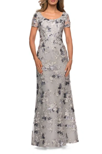 LA FEMME LA FEMME FLORAL SHORT SLEEVE FORMAL DRESS WITH SCOOP NECK