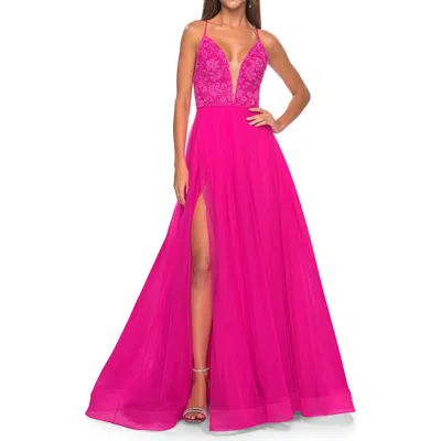 LA FEMME LA FEMME ILLUSION LACE BODICE A-LINE TULLE PROM DRESS WITH SLIT