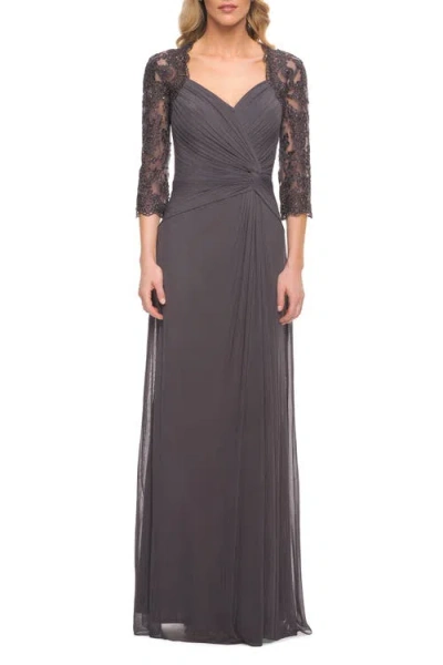 LA FEMME LA FEMME JERSEY GOWN WITH KNOT DETAIL AND LACE SLEEVES