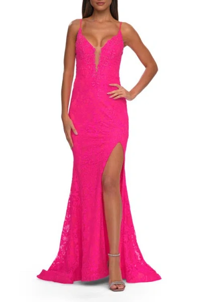 LA FEMME LA FEMME LACE DRESS WITH DEEP V-NECK AND RHINESTONES