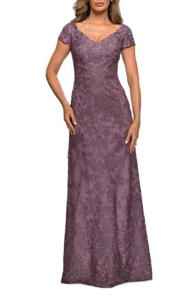 LA FEMME LA FEMME LACE EVENING GOWN WITH CAP SLEEVES AND V-NECK