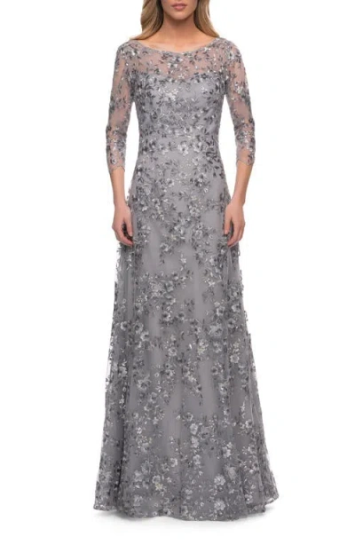 LA FEMME LA FEMME LACE GOWN WITH FULL SKIRT AND SHEER LACE SLEEVES