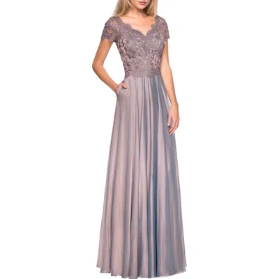 LA FEMME LA FEMME LONG CHIFFON DRESS WITH LACE BODICE AND POCKETS