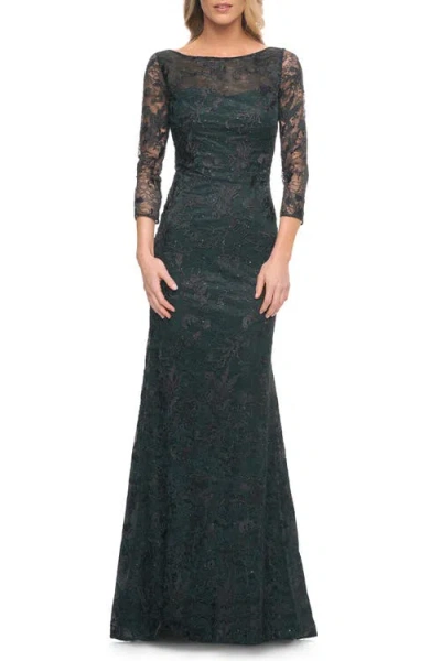 LA FEMME LA FEMME LONG FITTED LACE GOWN WITH HIGH NECKLINE AND SLEEVES
