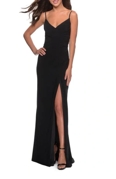 LA FEMME LA FEMME LONG JERSEY DRESS WITH V-NECK AND OPEN BACK