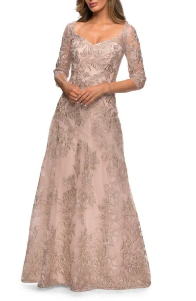 LA FEMME LA FEMME LONG LACE A-LINE THREE QUARTER SLEEVE GOWN