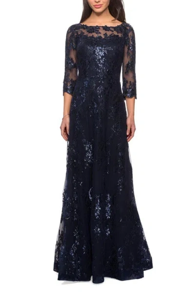 LA FEMME LA FEMME LONG LACE DRESS WITH SEQUINS AND SHEER 3/4 SLEEVES