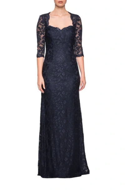 LA FEMME LA FEMME LONG LACE GOWN WITH SWEETHEART NECKLINE