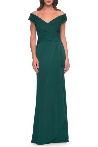 LA FEMME LA FEMME LONG LUXURIOUS JERSEY OFF THE SHOULDER EVENING GOWN