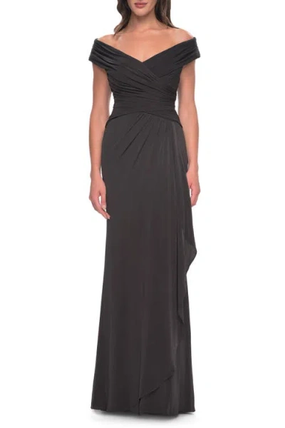 LA FEMME LA FEMME LONG LUXURIOUS JERSEY OFF THE SHOULDER EVENING GOWN