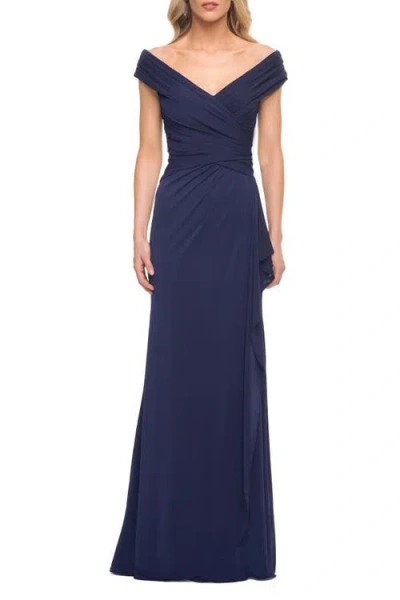 LA FEMME LA FEMME LONG LUXURIOUS JERSEY OFF THE SHOULDER EVENING GOWN