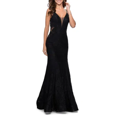 LA FEMME LA FEMME LONG MERMAID LACE DRESS WITH BACK RHINESTONE DETAIL