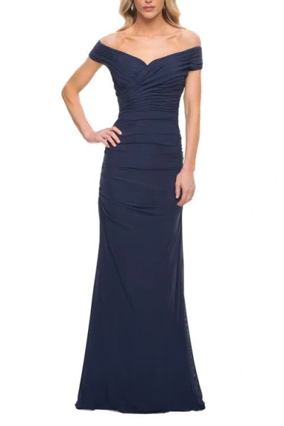 LA FEMME LA FEMME LONG RUCHED GOWN WITH OFF THE SHOULDER TOP