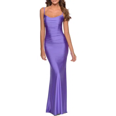 LA FEMME LA FEMME LONG RUCHED JERSEY DRESS WITH THIN STRAPS