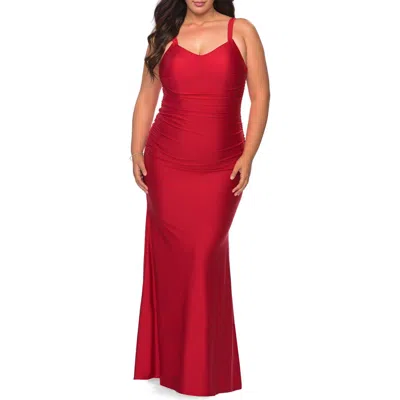 LA FEMME LA FEMME LONG RUCHED PLUS SIZE JERSEY DRESS