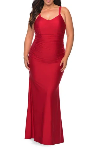 LA FEMME LA FEMME LONG RUCHED PLUS SIZE JERSEY DRESS