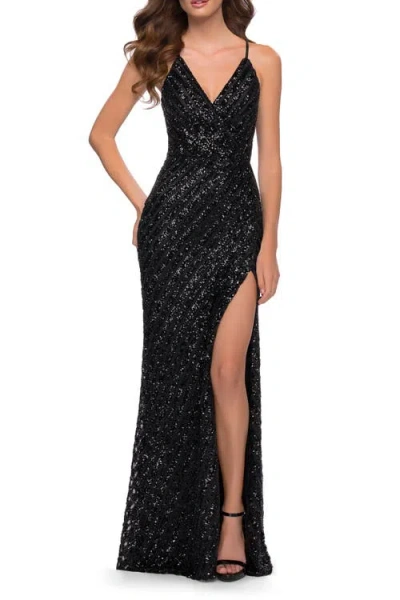 LA FEMME LA FEMME LONG SEQUIN GOWN WITH THICK SEQUIN PRINT FABRIC