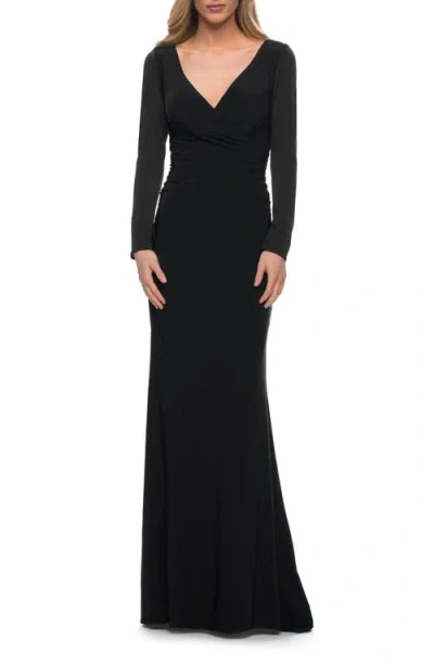 LA FEMME LA FEMME LONG SLEEVE JERSEY EVENING DRESS WITH RUCHING